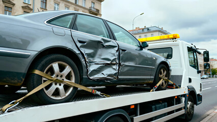 Damaged gray car secured on a white tow truck after an accident showing extensive side damage and safety straps in an urban setting with buildings visible in the background on a cloudy day
