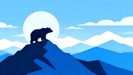 Silhouette of a bear standing atop a mountain peak against a backdrop of a full moon and blue sky with layered mountain ranges creating a serene and majestic wildlife landscape art