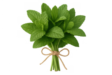 Fresh green mint bunch, aromatic culinary herb, tied with twine, transparent background, natural organic ingredient