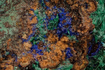Azurite and Malachite mineral specimen from Kamenushinskoe deposit — vibrant blue and green crystals with earthy matrix under magnification — professional macro, micro mineral photography