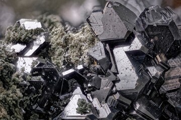 Sphalerite macro crystals from Dalnegorsk, Russia- cubic system, metallic luster with striations- professional macro, micro mineral photography for education and research