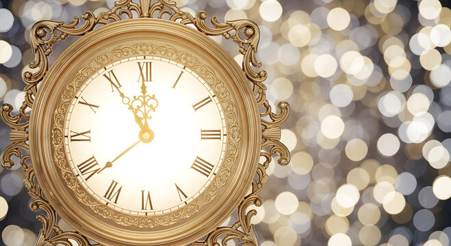 Classic Gold Clock Showing Midnight, Glowing Lights