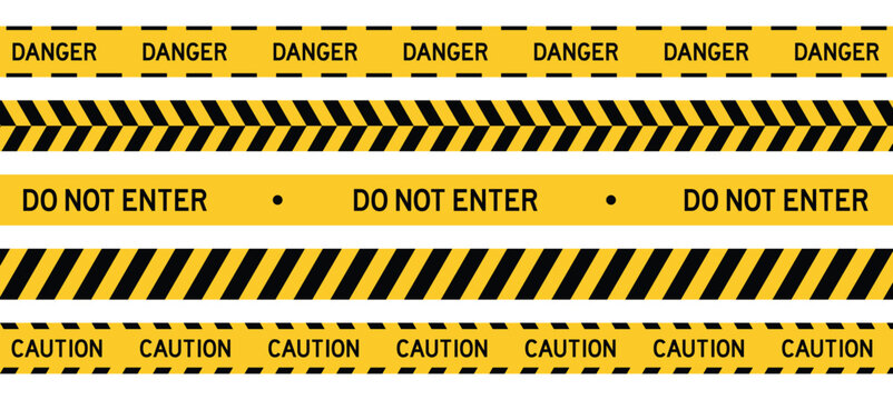 Caution tapes set with black and yellow diagonal slashes or chevron print. Warning borders in construction work zones or crime scenes. Danger, Attention tapes. Flat vector illustration design