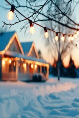 Warm string lights hanging on a tree branch with a snowy house softly glowing in the background at winter sunset