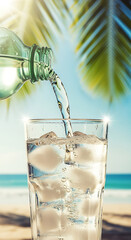 Pouring refreshing water into glass with ice cubes on beach background summer hydration drink