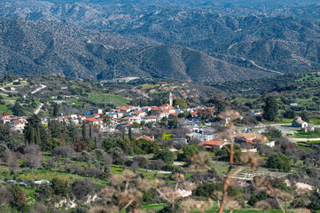Kato Lefkara village in Cyprus surrounded by hills and mountains. Larnaca District, Cyprus
