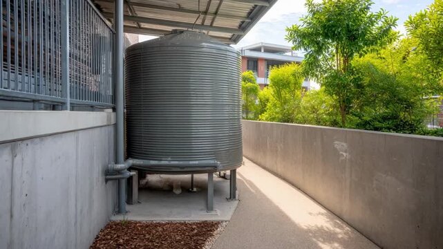 Medium shot of a large rainwater tank connected to a residential downspout showcasing storage capacity for sustainable water use