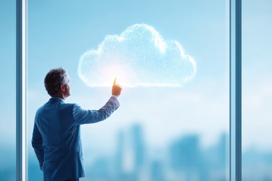 Businessman interacting with digital cloud interface