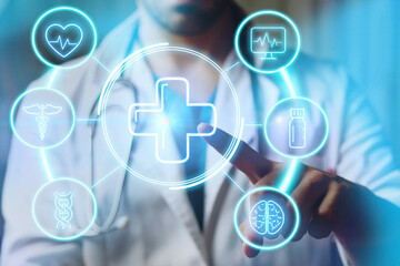 Doctor touching medical interface, analyzing health data