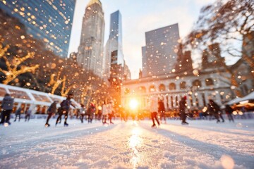 Outdoor skate rink with glowing lights and crowd of people