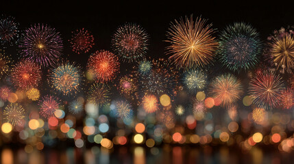 Bright glowing multicolor fireworks light up the night sky with sparkling bokeh celebrating national holidays festivals New Year and special events creating a festive magical atmosphere