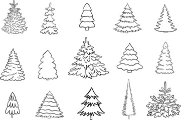 Christmas tree line art drawing outline set vector illustration