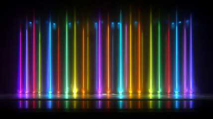 Bright glowing rainbow disco lights create a multicolored, dynamic party scene with neon LEDs, flashing walls, and vibrant energy for nightclubs and music events.