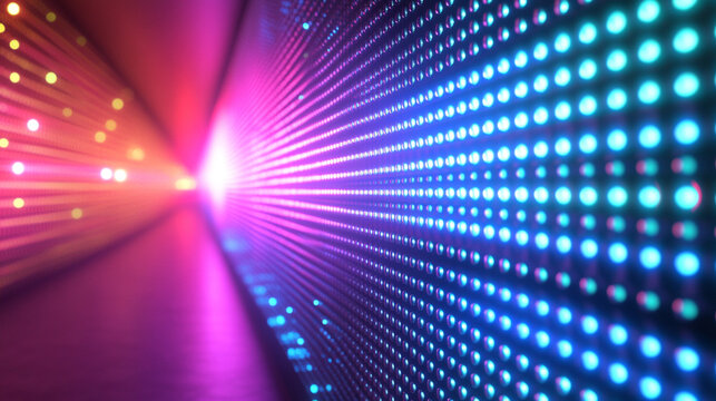 Bright glowing rainbow disco lights create a multicolored, dynamic party scene with neon LEDs, flashing walls, and vibrant energy for nightclubs and music events.