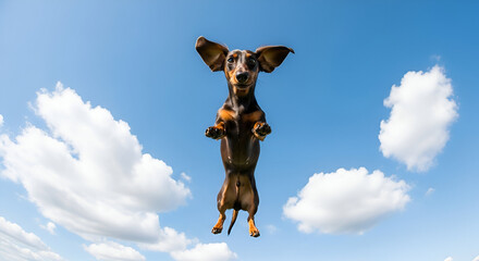 A dachshund dog leaps joyfully against a beautiful blue sky with fluffy clouds