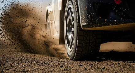 Extreme rally car racing on gravel track with dust and motion capturing the speed