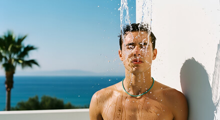Refreshing outdoor shower experience with a young man enjoying the water flow on a sunny day
