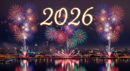 Obraz premium New Year 2026 fireworks celebration over the city skyline