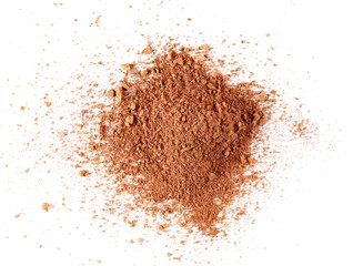 Pile face powder makeup isolated on white background, top view