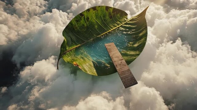 Giant leaf with a pool and wooden dock floats above fluffy clouds in sunlight