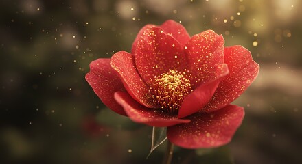 Close up of a vibrant red flower with sparkling particles and soft background