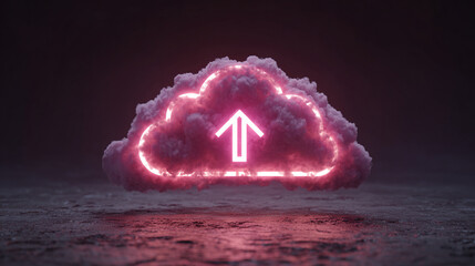 Cloud upload progress visualized as a glowing path of light, representing data transfer, digital connectivity, technology, and seamless cloud-based workflow.