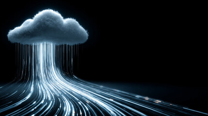 Cloud upload progress visualized as a glowing path of light, representing data transfer, digital connectivity, technology, and seamless cloud-based workflow.