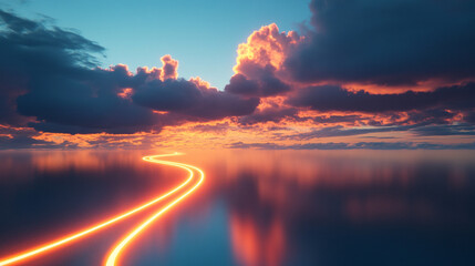 Cloud upload progress visualized as a glowing path of light, representing data transfer, digital connectivity, technology, and seamless cloud-based workflow.