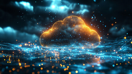 Cloud upload progress visualized as a glowing path of light, representing data transfer, digital connectivity, technology, and seamless cloud-based workflow.