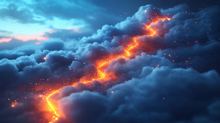 Cloud upload progress visualized as a glowing path of light, representing data transfer, digital connectivity, technology, and seamless cloud-based workflow.