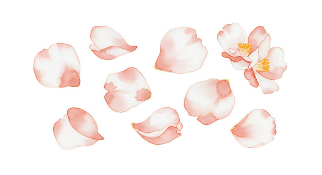 Exquisite watercolor illustration showcasing a beautiful array of delicate pink flower petals and a charming sprig of blossoms, perfect for elegant spring designs and romantic themes