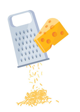 Illustration of cheese being grated on a hand grater isolated on a white background