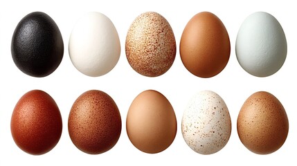 Group of ten diverse bird eggs displaying an assortment of colors, textures, and sizes, representing various species and concepts of variety and food sources on a clean white background