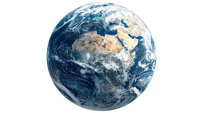 Earth planet rotating in space, showcasing continents of africa, europe, and asia with clouds, oceans, and landmasses, symbolizing global connection and environmental themes