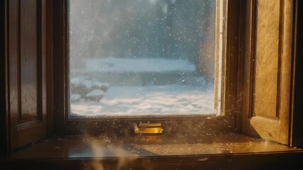 A snow-filled scene viewed through a wooden window on a winter's day - Powered by Adobe