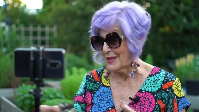 A stylish elderly woman with purple hair and sunglasses cheerfully vlogs with her smartphone in a lush green garden