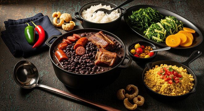 Hearty Brazilian Feijoada feast with savory pork ribs, sausage, black beans, rice, greens, and farofa