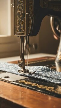 Vintage sewing machine stitches delicate floral fabric with warm light.
