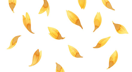 Fototapeta premium Delicate yellow flower petals gently falling and scattering across a pristine white background, capturing the fresh essence of spring and natural beauty, perfect for elegant botanical designs