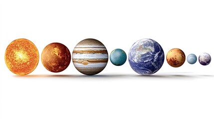 Solar system planets, including earth, jupiter, and the sun, lined up on a horizontal axis, comparing their relative sizes against a clean white background, representing astronomical scales