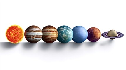 Solar system planets and the sun lined up showing different celestial bodies and their distinct characteristics, representing astronomy, science, and the cosmos