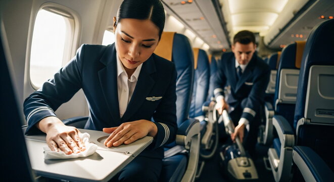 Asian woman in uniform cleaning airplane tray table with white cloth, man vacuuming floor, disinfection concept footage.