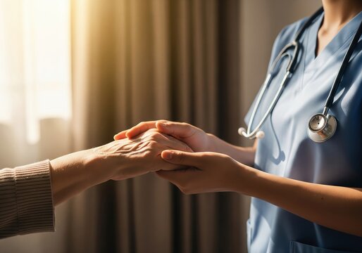 Caring nurse gently holds elderly patient's hand offering comfort and support in warm, natural light