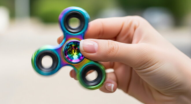 Person holding a silver fidget spinner in hand. Stress relief and anxiety reduction toy. Handheld gadget for focus and relaxation.