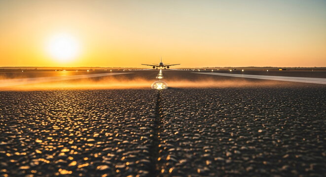 Airplane on foggy runway at sunset, poised for takeoff. Golden hour airport scene with dramatic sunlight and misty atmosphere