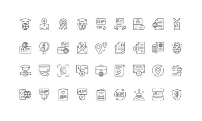 Approve resident certificate, immigrant documents thin black outline symbols vector illustration. Work permit, student and travel visa request and approval status, immigration line icon set.