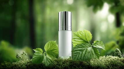 Cosmetic Bottle Surrounded by Fresh Green Leaves