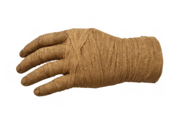 Mummified hand on transparent background, halloween mummy character, ancient horror death and decay concept