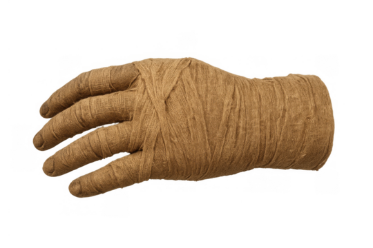 Mummified hand on transparent background, halloween mummy character, ancient horror death and decay concept