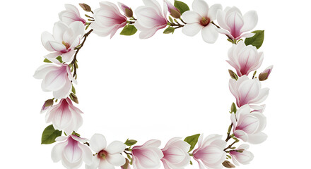 A beautiful floral border of pink and white magnolia blossoms forming an elegant rectangular frame on an isolated white background